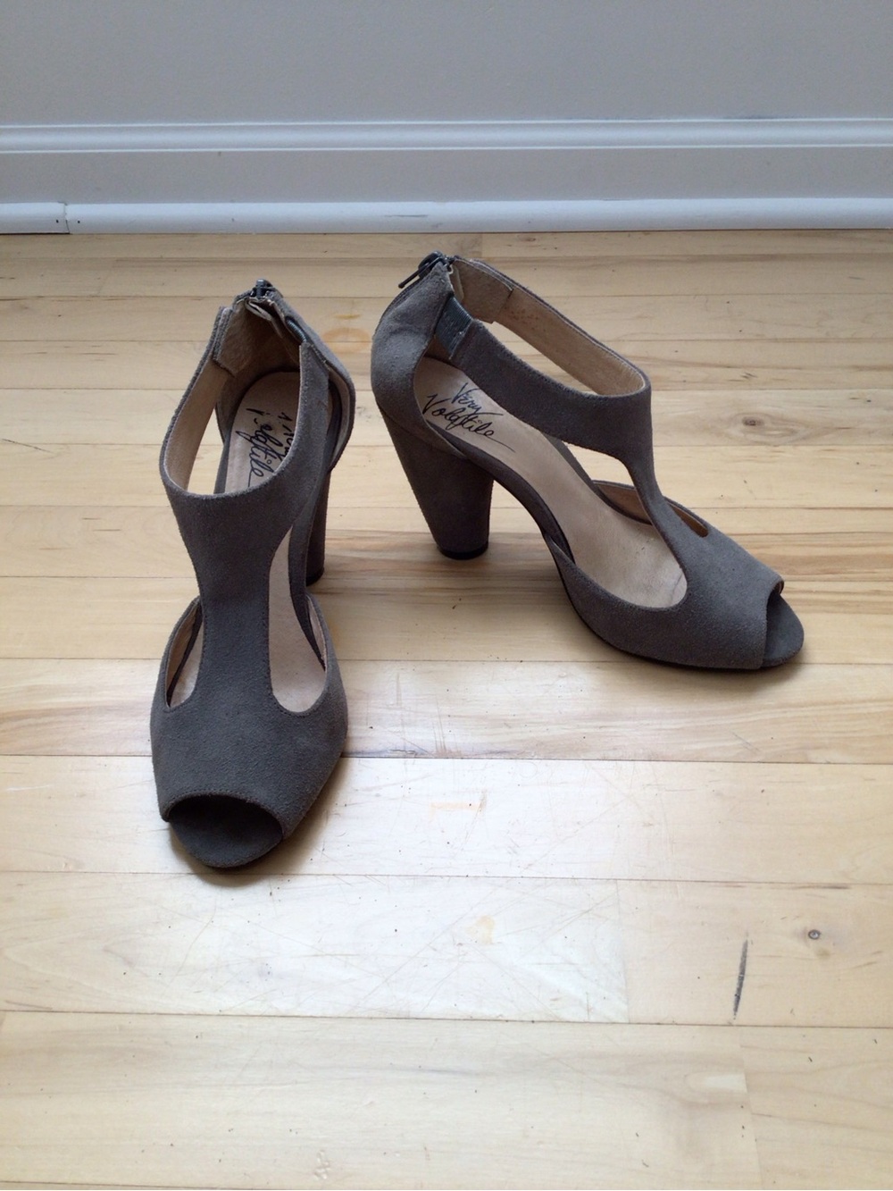Very Volatile Gray Suede T-Strap Peep Toe Heels